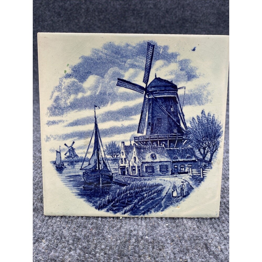 ROYAL SPHINX MAASTRICHT Delft Blue Windmill Scene Ceramic Tile Made in Holland